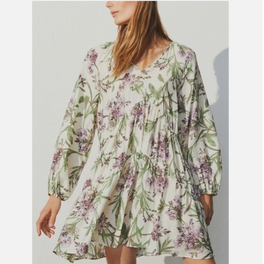 H&M  Floral Babydoll Tiered Mini Dress Long Sleeve Womens Small